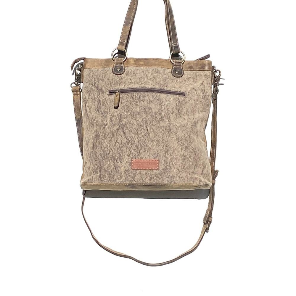 NWT LEATHER CUBE MESA POUCHED CANVAS HAIRON BAG by Myra - Picture 5 of 7